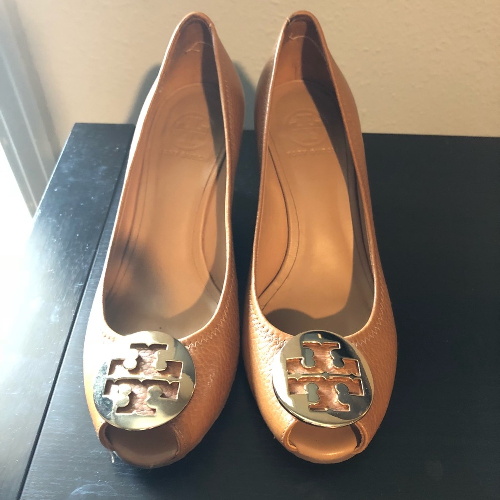 Tory Burch Peep Toe Wedge in Brown.